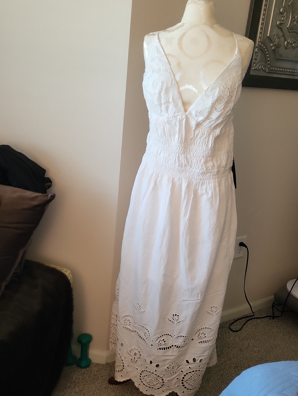 White Eyelet V-Neck Maxi Dress with Smocked Waist